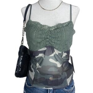 Y2K Camo Lace Cami Top‎ Womens Medium Sheer Mesh Party Streetwear